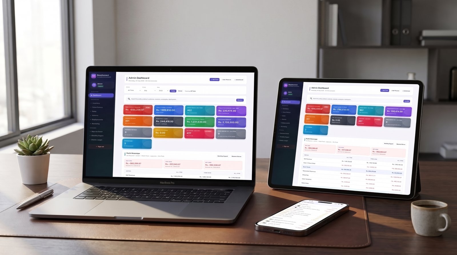 BaazKonnect dashboard displayed across laptop, tablet, and phone