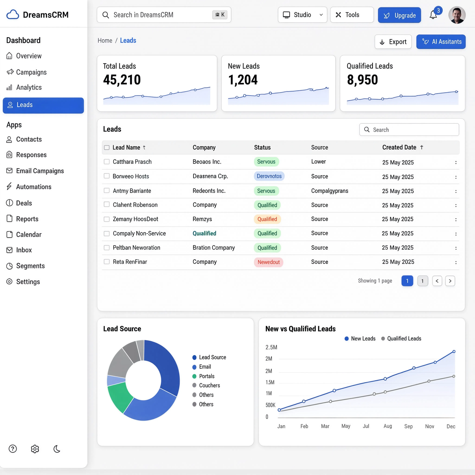 CRM leads table with lead source and qualification status