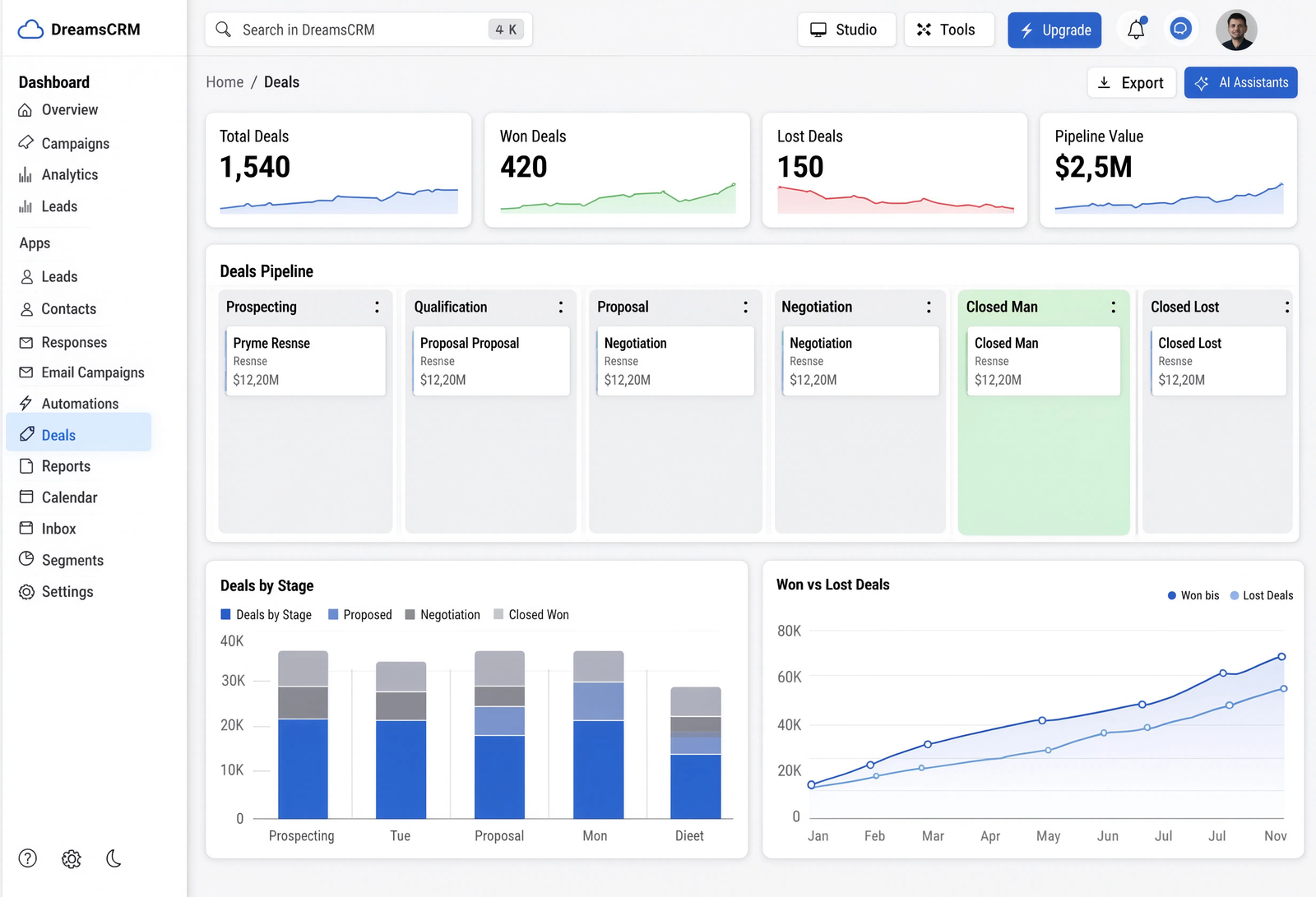 CRM deals pipeline board across every stage