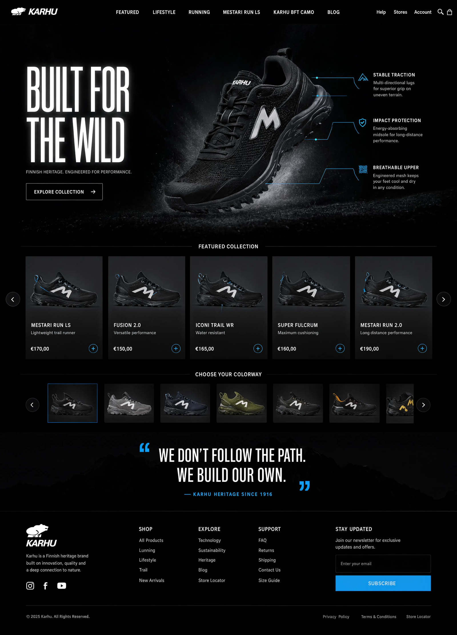 Karhu e-commerce homepage concept, dark product-first hero
