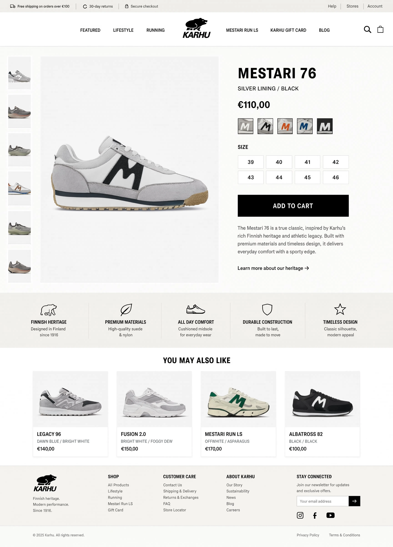 Karhu product detail page with size and colorway selection